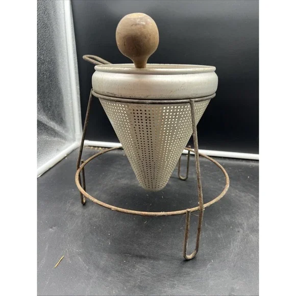 Vintage Aluminum Sieve Strainer 1970s w/ Stand and Wood Masher - Wood Canning - Picture 7 of 10